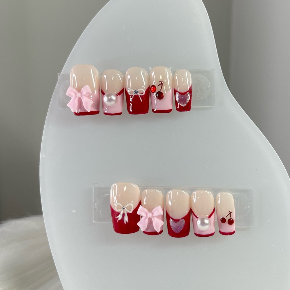 Handmade Press on Square Pink Red French Nail set